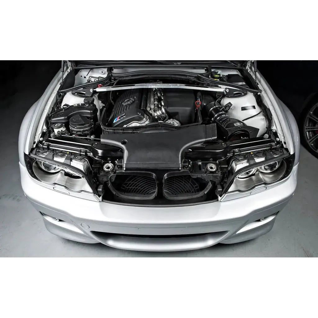 Eventuri BMW E46 M3 Black Carbon Intake System installed on the vehicle showing the carbon fibre intake housing and aluminum components.