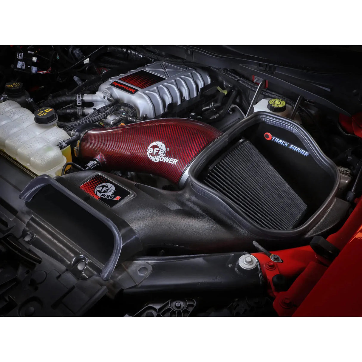 aFe 2023-2025 Ford F150 Raptor R V8 5.2L Supercharged Red Carbon Track Series Air Intake w/ P5R Filter