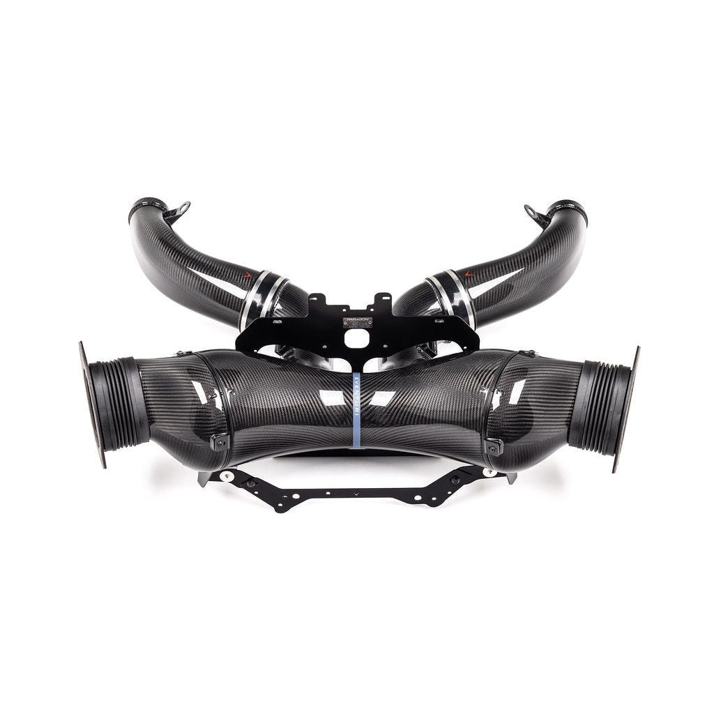 Eventuri Chevrolet Corvette C8 ZR1 hard-top convertible black carbon intake system on white background, showcasing high-performance car part.