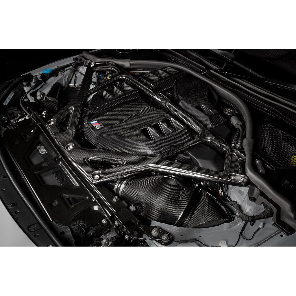 Eventuri gloss carbon CSL strut brace installed on BMW G8X M3 S58 engine bay