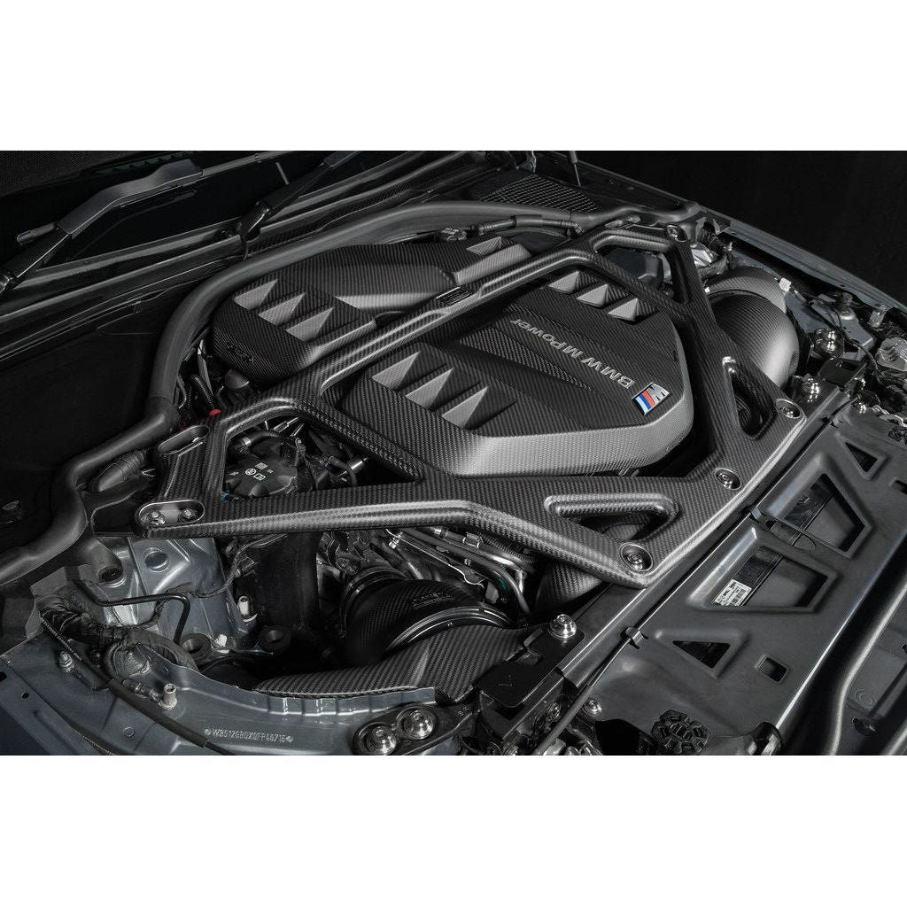 Eventuri matte carbon CSL strut brace installed on BMW G8X M2 M3 M4 engine bay