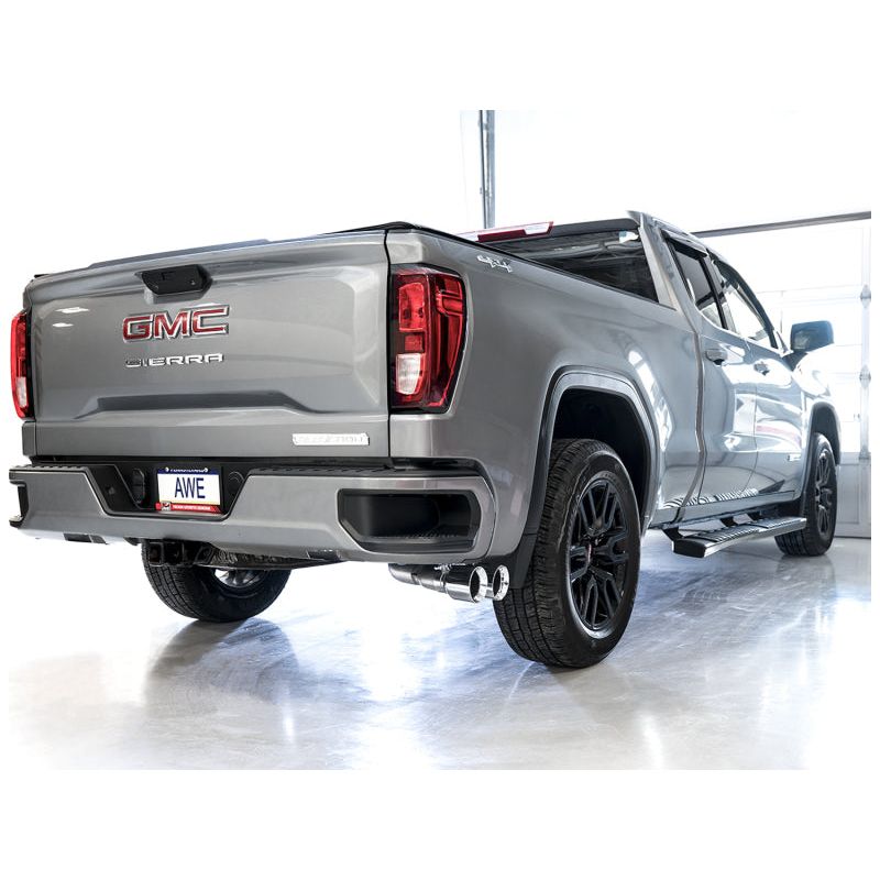 AWE Tuning 4th Gen GM 1500 5.3L 0FG Catback Dual Side Exit (Flat Bumper) - Chrome Tips