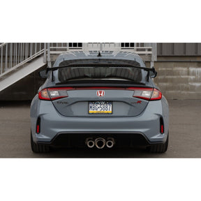 Rear view of a Honda Civic Type R with a carbon fiber wing installed on the trunk.