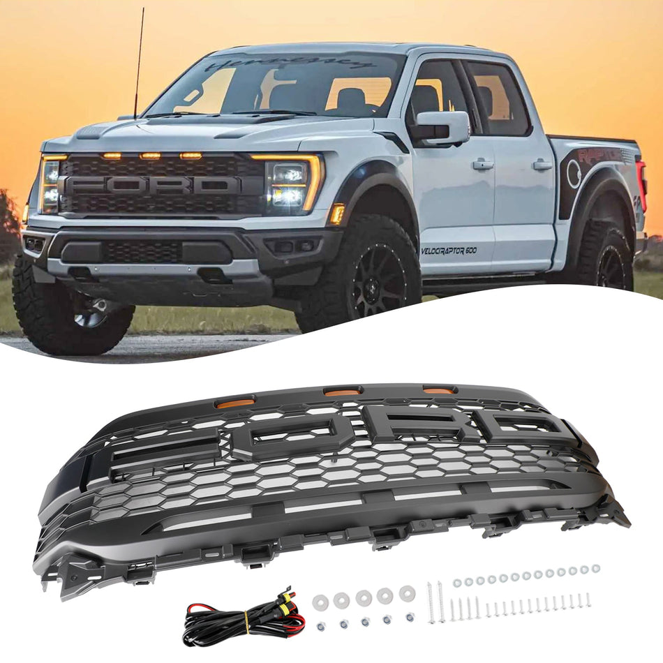 2021-2023 Ford F150 Raptor Style Replacement Front Bumper Grille Grill W/ LED