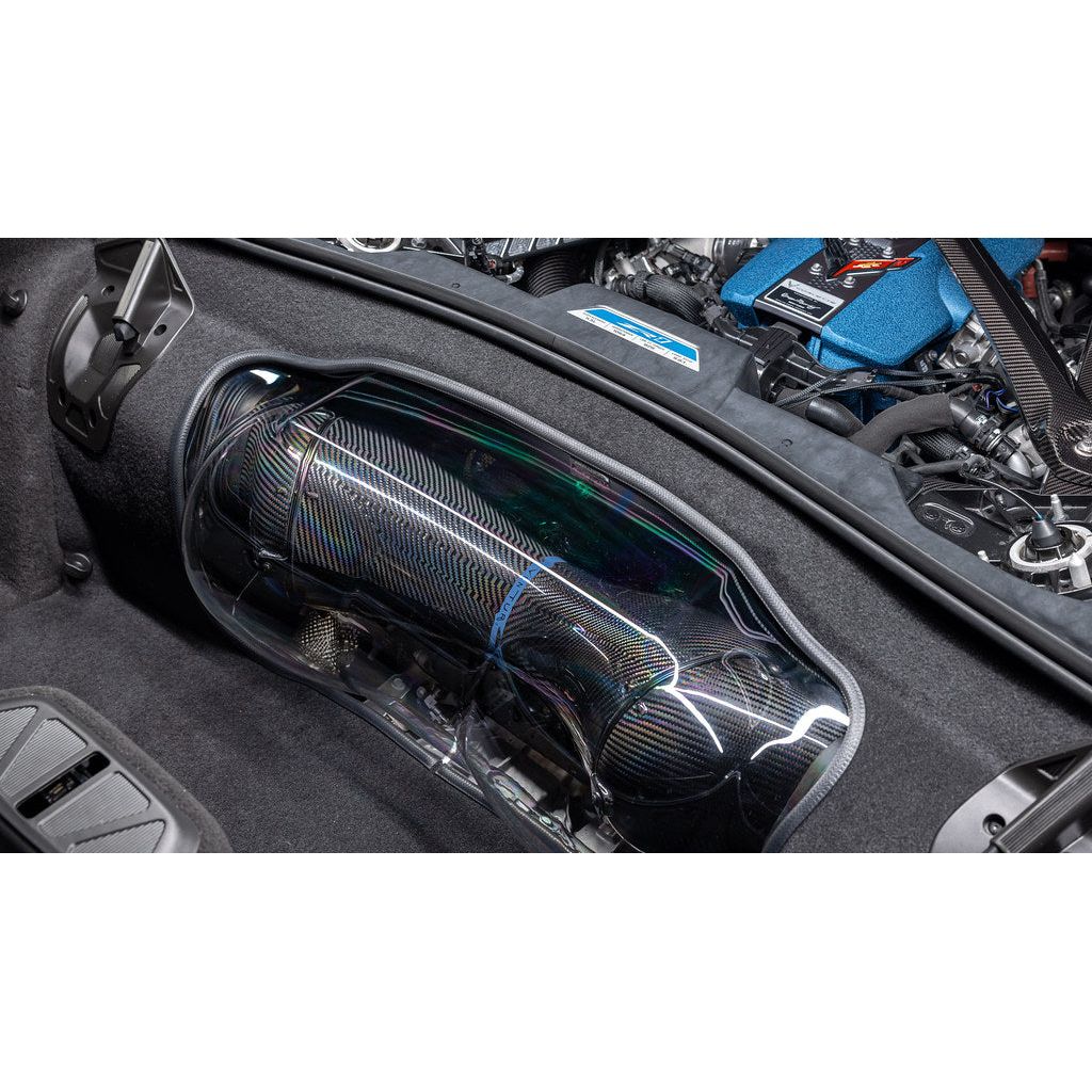 Eventuri Chevrolet Corvette C8 ZR1 hard-top convertible black carbon intake system installed, showcasing performance-oriented design.