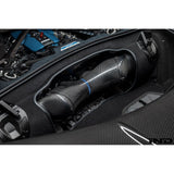 Eventuri Chevrolet Corvette C8 ZR1 hard-top convertible black carbon performance intake system installed on the engine.
