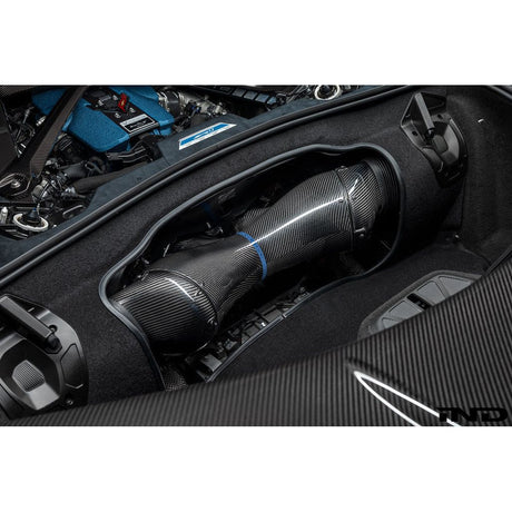 Eventuri Chevrolet Corvette C8 ZR1 hard-top convertible black carbon performance intake system installed on the engine.