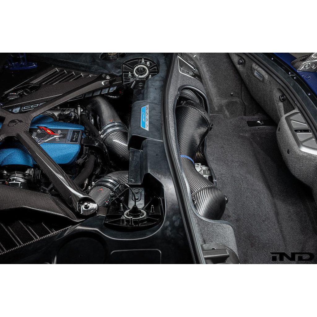 Eventuri Chevrolet Corvette C8 ZR1 hard-top convertible black carbon intake system installed, showcasing sleek performance design.