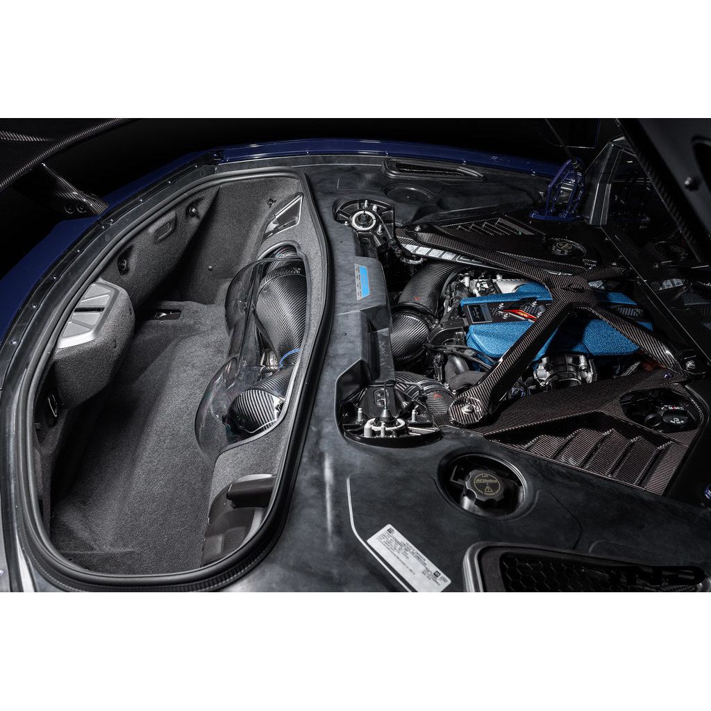 Eventuri Chevrolet Corvette C8 ZR1 hard-top convertible black carbon intake system installed, showcasing sleek performance intake components.