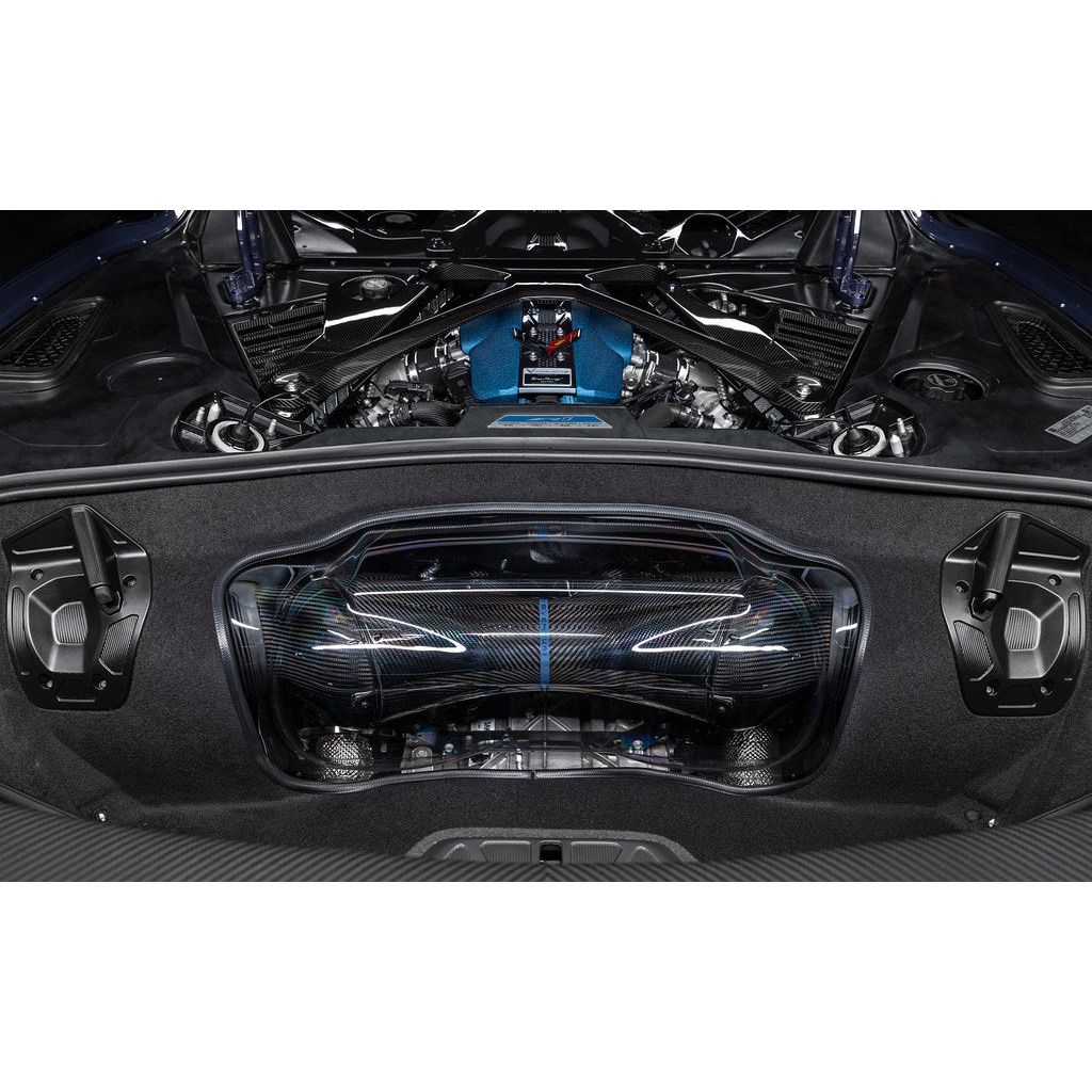 Eventuri Chevrolet Corvette C8 ZR1 hard-top convertible black carbon intake system installed, showcasing performance air intake on engine.
