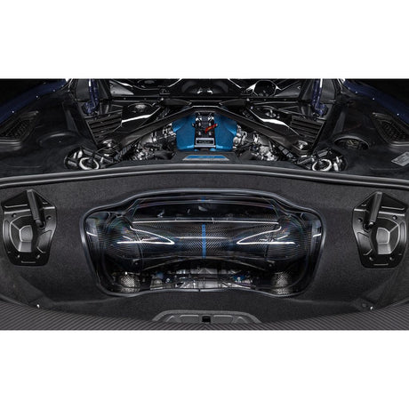 Eventuri Chevrolet Corvette C8 ZR1 hard-top convertible black carbon intake system installed, showcasing performance air intake on engine.