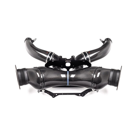 Eventuri Chevrolet Corvette C8 ZR1 hard-top convertible black carbon intake system on white background, showcasing high-performance car part.
