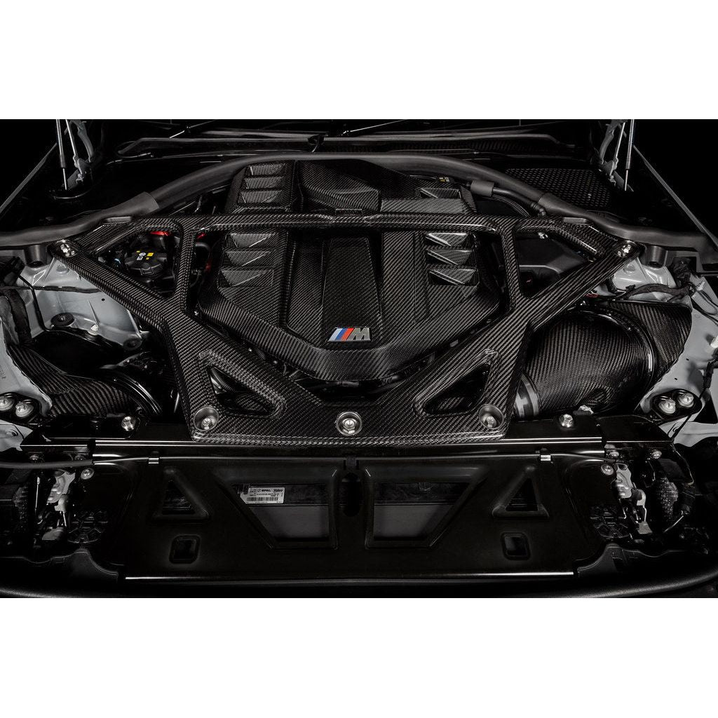 Eventuri gloss carbon CSL strut brace installed on BMW G8X M3 S58 engine bay