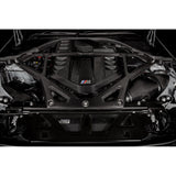 Eventuri gloss carbon CSL strut brace installed on BMW G8X M3 S58 engine bay
