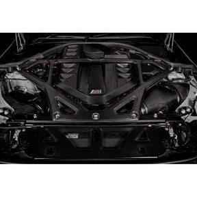 Eventuri gloss carbon CSL strut brace installed on BMW G8X M3 S58 engine bay