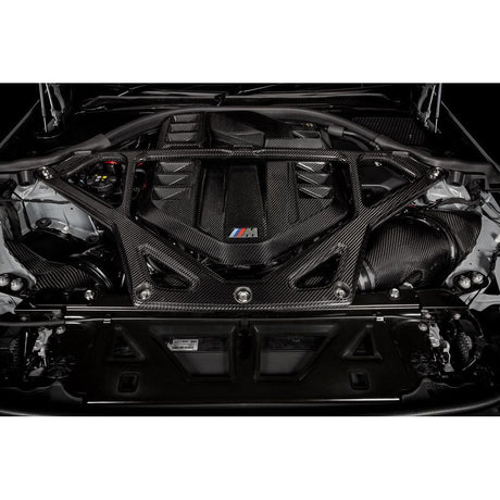 Eventuri gloss carbon CSL strut brace installed on BMW G8X M3 S58 engine bay