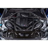 Eventuri gloss carbon CSL strut brace installed on BMW G8X M3 S58 engine bay