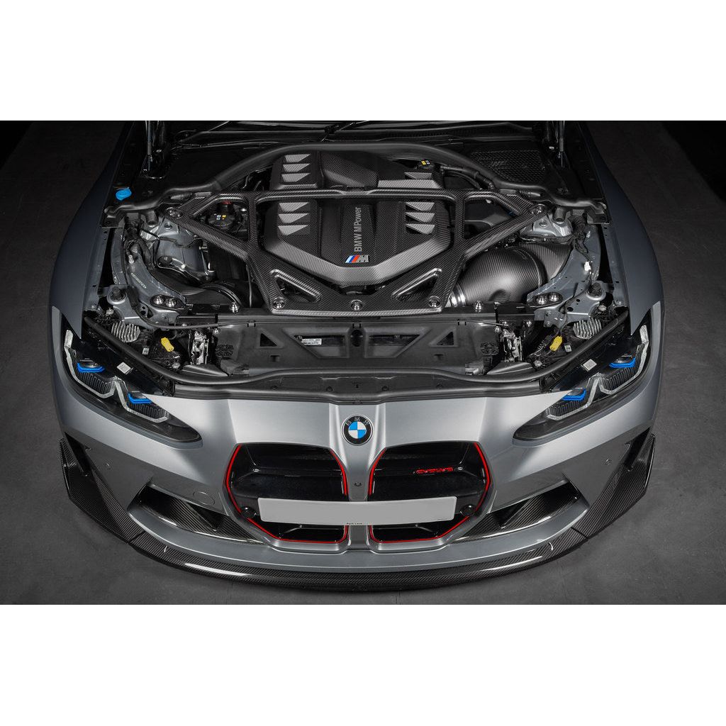 Eventuri matte carbon CSL strut brace installed on BMW G8X M2 M3 M4 engine bay