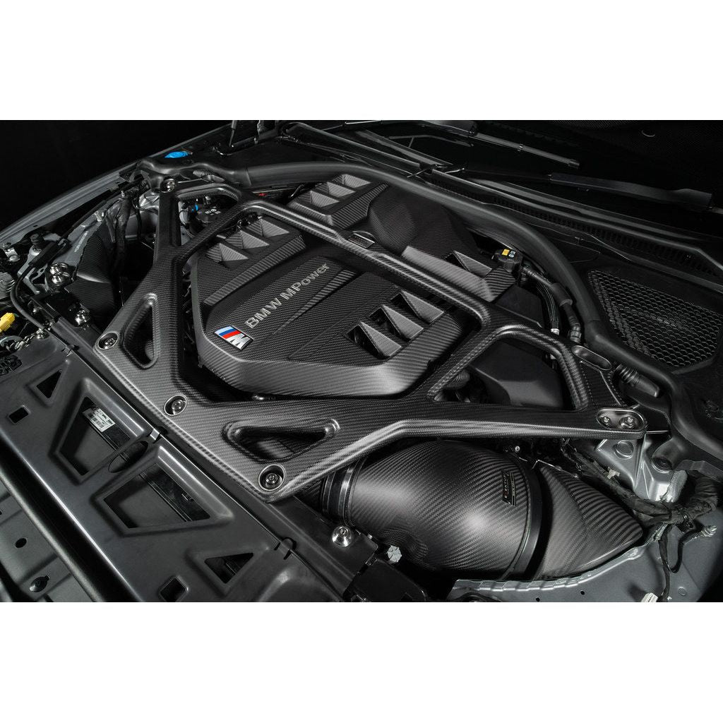 Eventuri matte carbon CSL strut brace installed on BMW G8X M2 M3 M4 engine bay