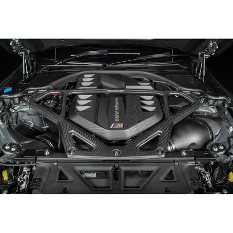 Eventuri matte carbon CSL strut brace installed on BMW G8X M2 M3 M4 engine bay