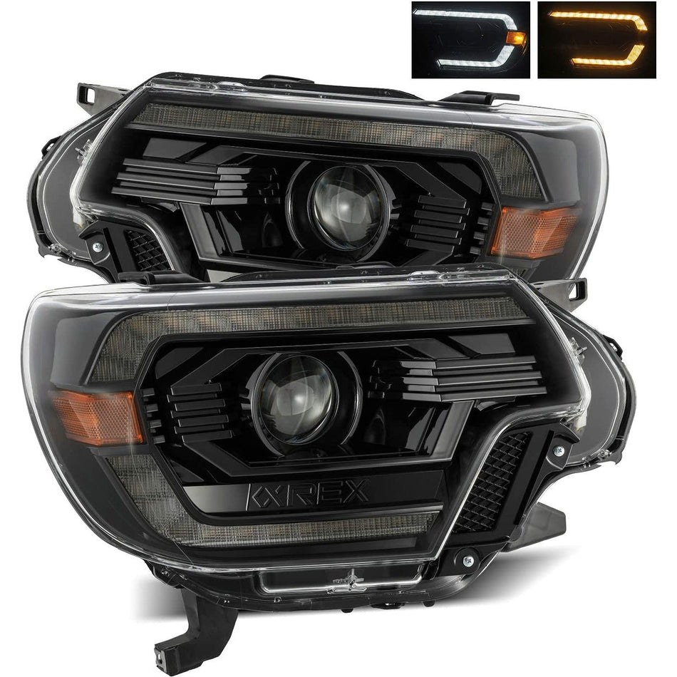 2012-2015 Toyota Tacoma | AlphaRex LUXX LED Projector Headlights Plank Style Alpha-Black w/DRL - Truck Accessories Guy