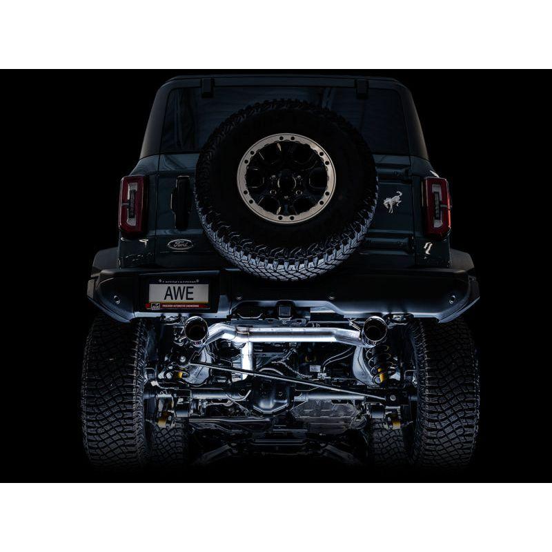 AWE Tuning 2021+ Ford Bronco 0FG Dual Rear Exit Exhaust w/Diamond Black Tips & Bash Guard - NP Motorsports