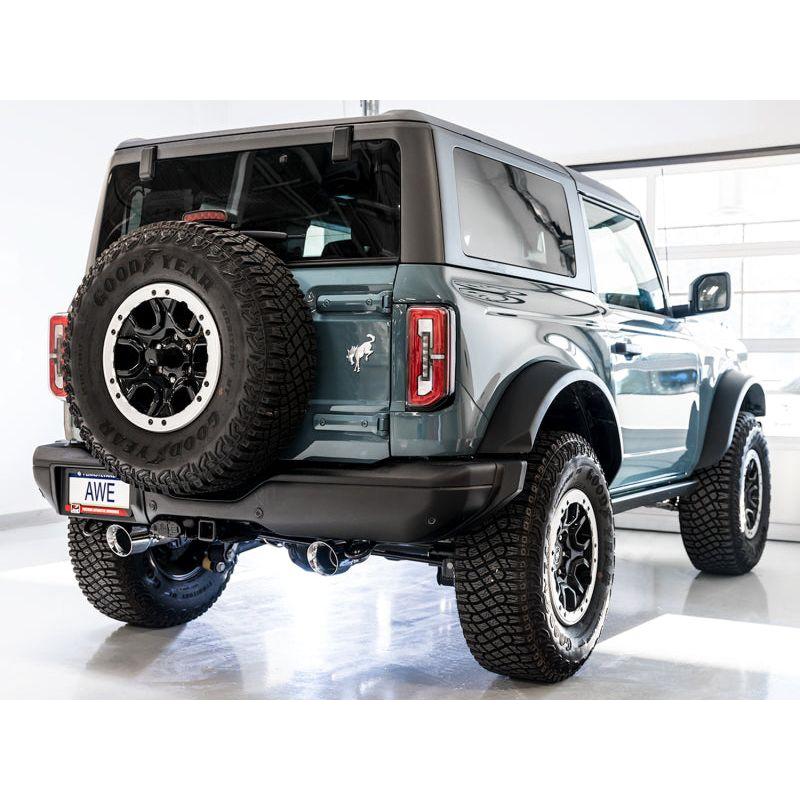 AWE Tuning 2021+ Ford Bronco 0FG Dual Rear Exit Exhaust w/Diamond Black Tips & Bash Guard - NP Motorsports