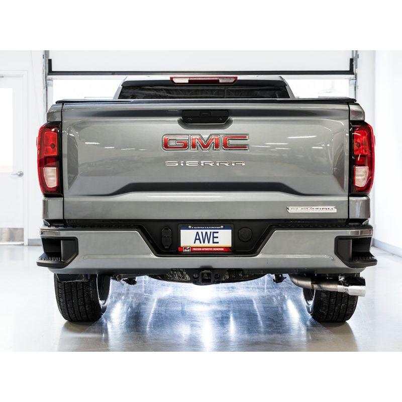 AWE Tuning 4th Gen GM 1500 5.3L 0FG Catback Dual Side Exit (Flat Bumper) - Chrome Tips - NP Motorsports