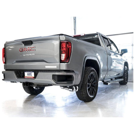 AWE Tuning 4th Gen GM 1500 5.3L 0FG Catback Dual Side Exit (Flat Bumper) - Chrome Tips - NP Motorsports