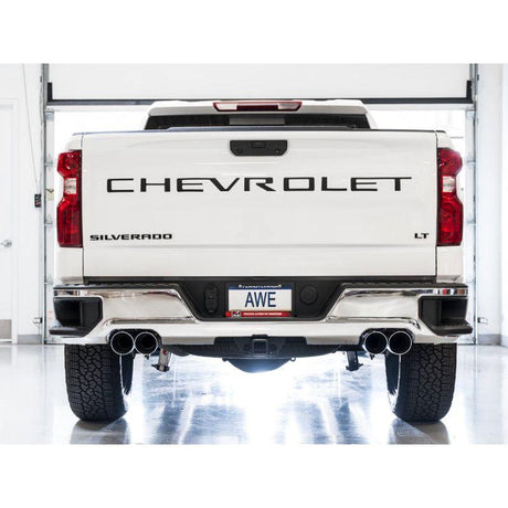 AWE Tuning 4th Gen GM 1500 6.2L 0FG Catback Split Rear Exit (w/ Bumper Cutouts) - Quad Chrome Tips - NP Motorsports