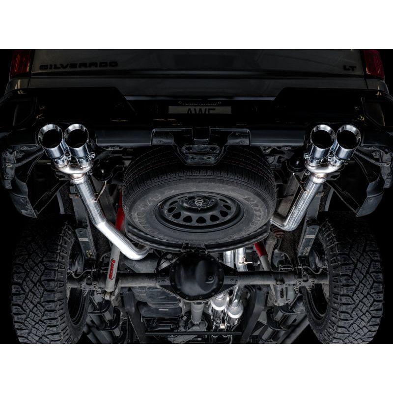 AWE Tuning 4th Gen GM 1500 6.2L 0FG Catback Split Rear Exit (w/ Bumper Cutouts) - Quad Chrome Tips - NP Motorsports