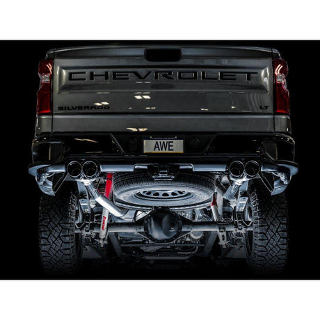 AWE Tuning 4th Gen GM 1500 6.2L 0FG Catback Split Rear Exit (w/ Bumper Cutouts) - Quad Chrome Tips - NP Motorsports